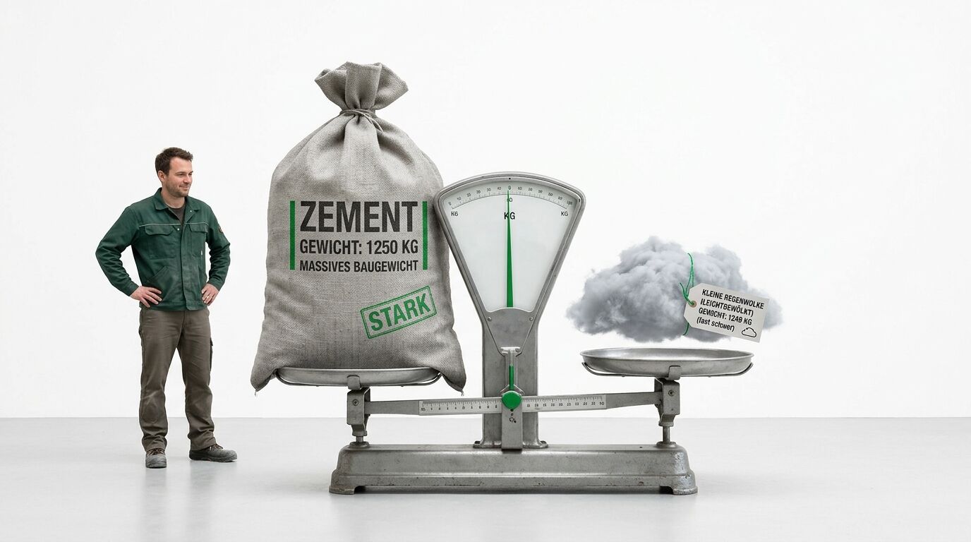Ein Mann neben einer Waage mit Zementsack und Wolke