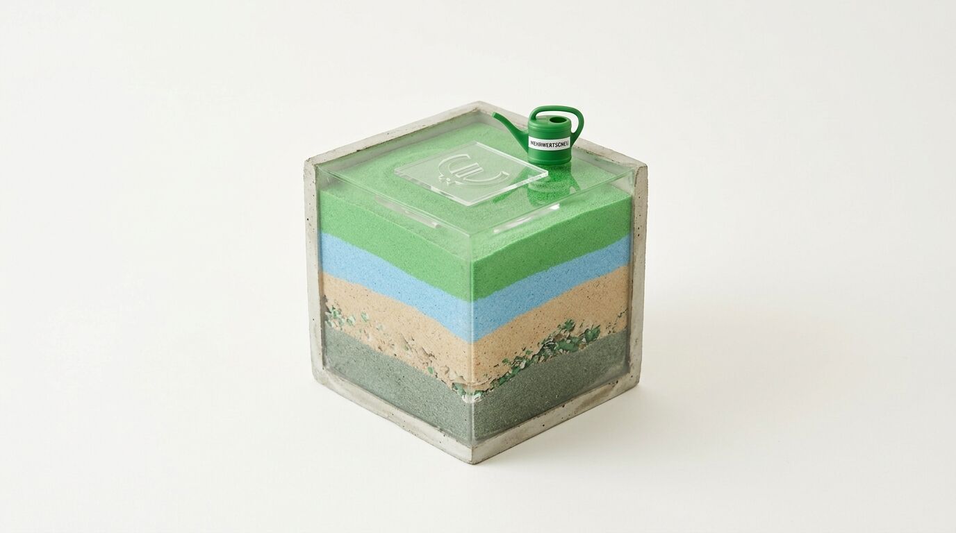 Ein Betonwürfel mit Acryldeckel und farbigen Schichten: Grün, Blau, Hellbraun, Grau