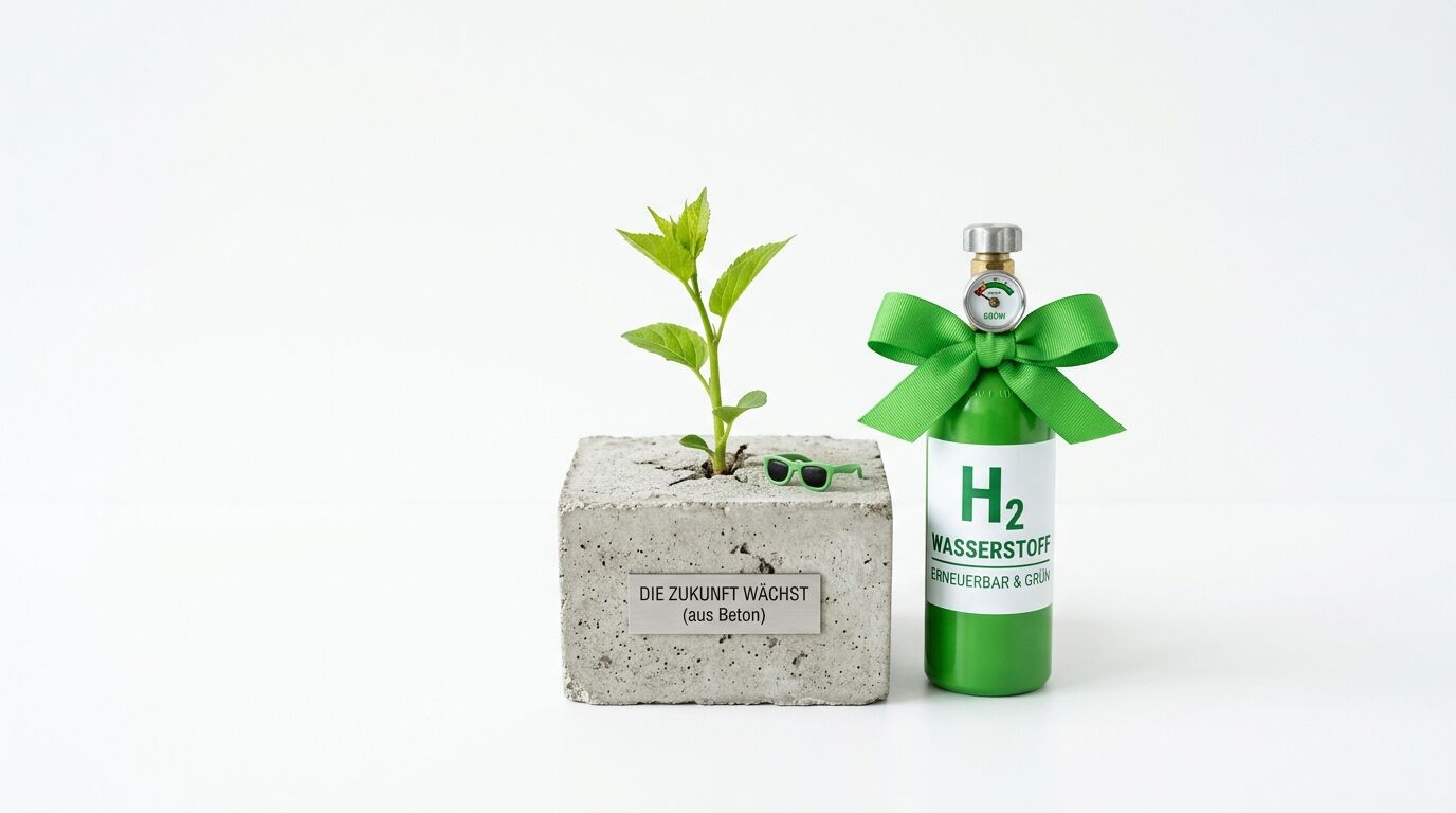 Ein Betonblock mit Pflanze und Plakette neben einer grünen H2-Flasche mit Schleife