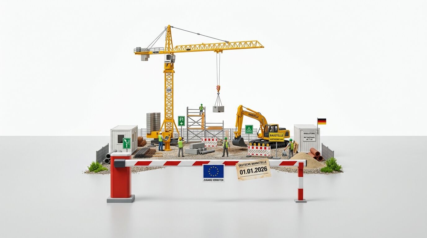 Diorama einer Baustelle mit Kran, Bagger, Figuren, Schranke und Datum 01.01.2026