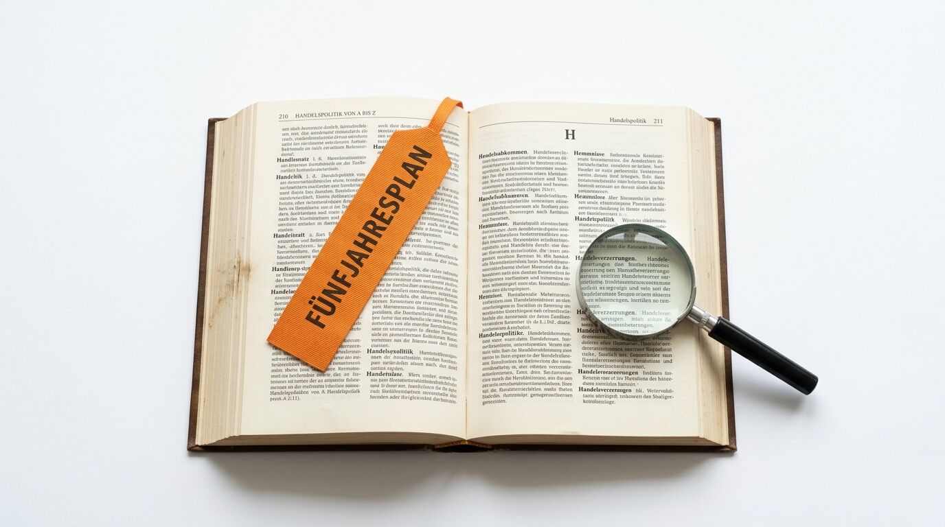 Aufgeschlagenes Buch mit orangefarbenem Lesezeichen „FÜNFJAHRESPLAN“ und Lupe