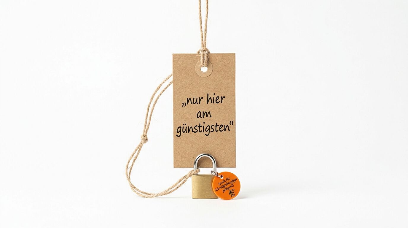 Hängender Kraftpapier-Etikett mit Aufschrift „nur hier am günstigsten“, Vorhängeschloss unten