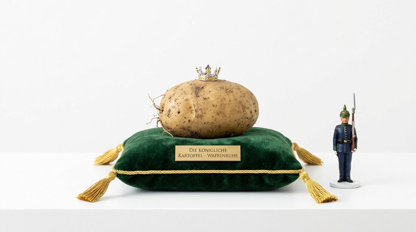 Gekrönte Kartoffel auf Kissen mit Plakette, bewacht von einer Zinnsoldatenfigur