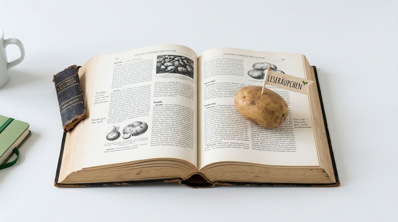 Kartoffel mit Fähnchen auf aufgeschlagenem Natur-Lexikon, daneben kleines Buch, Notizbuch und Tasse