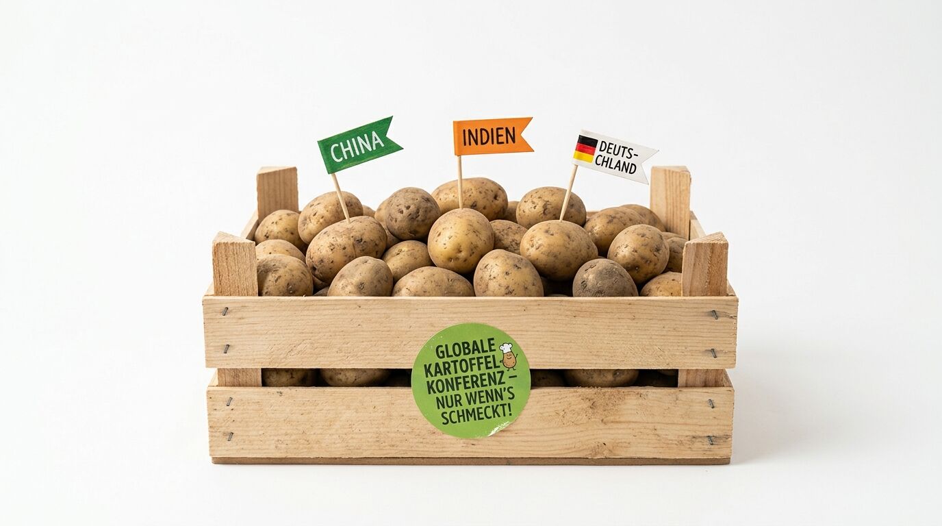 Holzkiste voller Kartoffeln mit Länderflaggen und Aufkleber „Globale Kartoffelkonferenz“