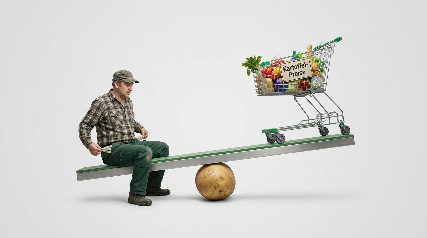 Landwirt mit leeren Taschen und voller Einkaufswagen auf einer Kartoffel-Waage