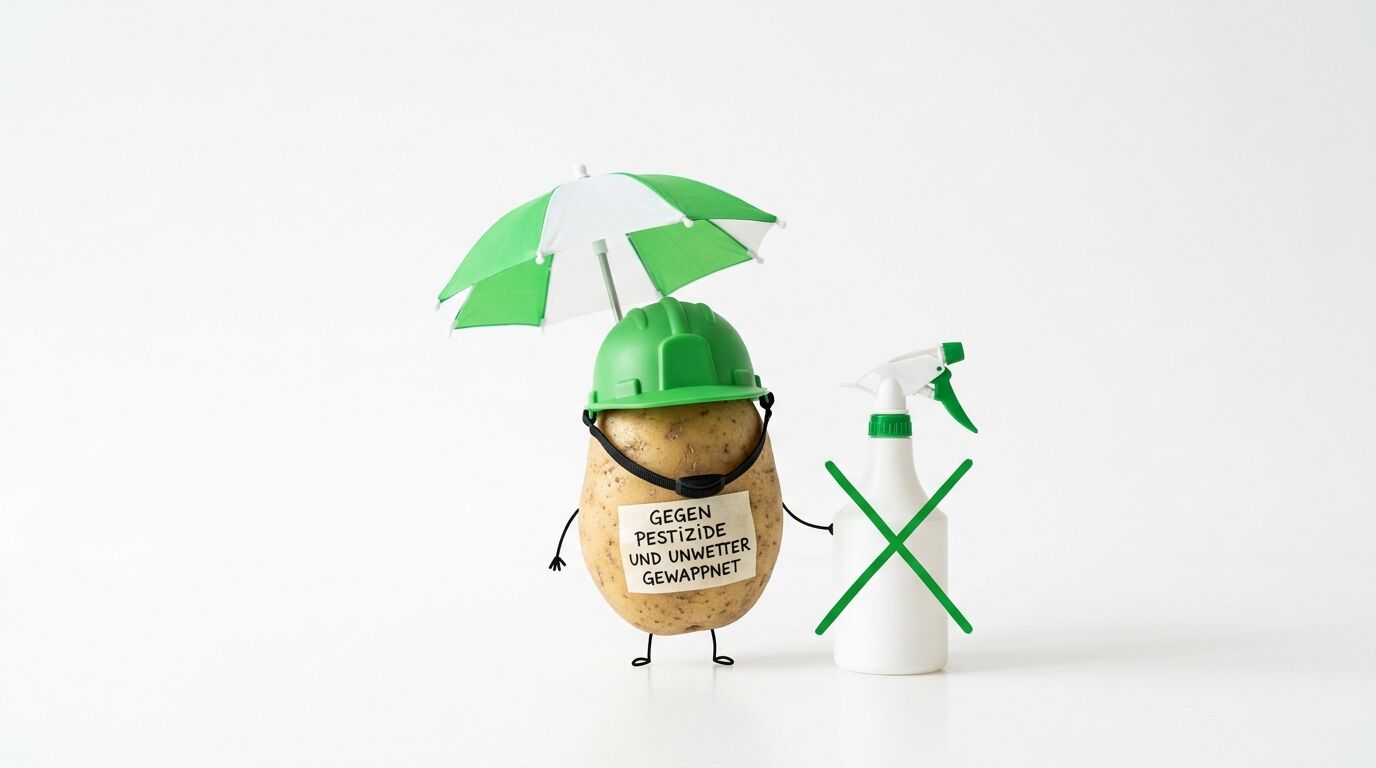 Kartoffel-Figur mit Helm und Schirm neben durchgestrichener Sprühflasche