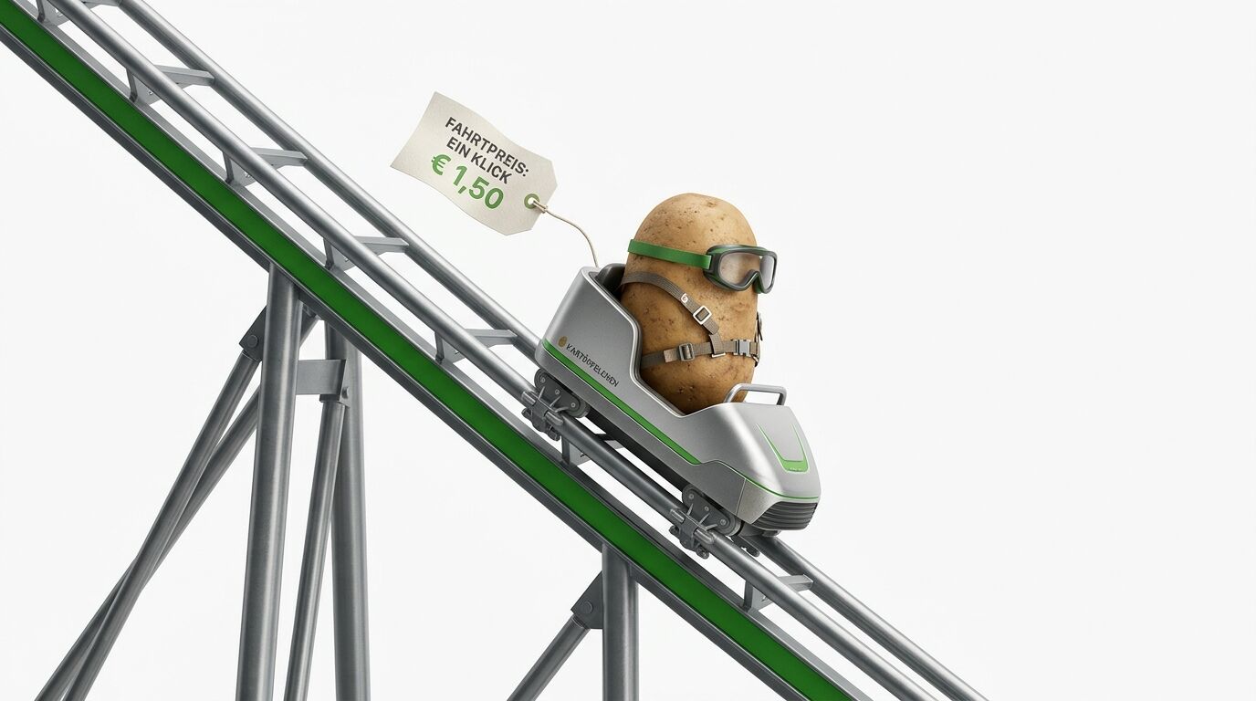 Kartoffel mit Skibrille und Preisschild im Gurtsitz einer Achterbahn