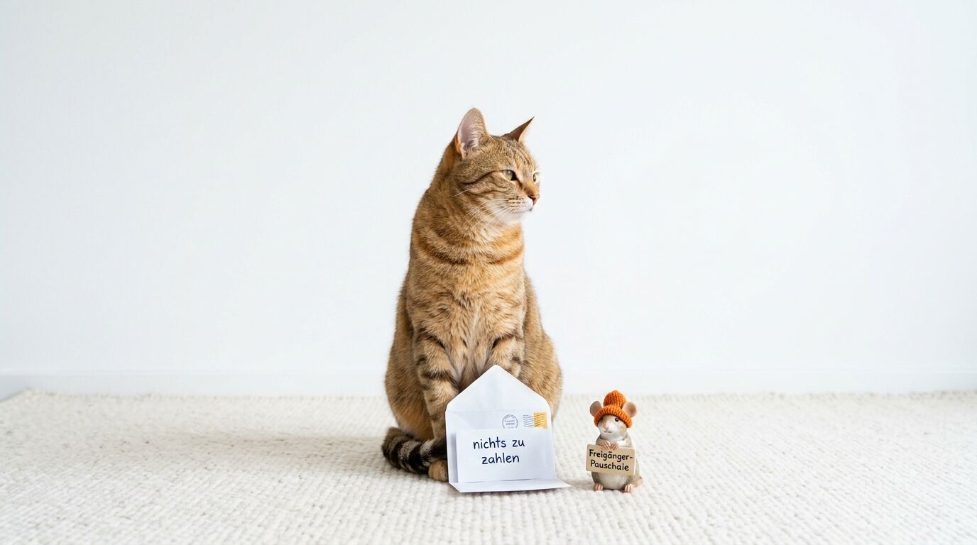 Katze neben Brief „nichts zu zahlen“ und Mausfigur mit Schild „Freigänger-Pauschale“