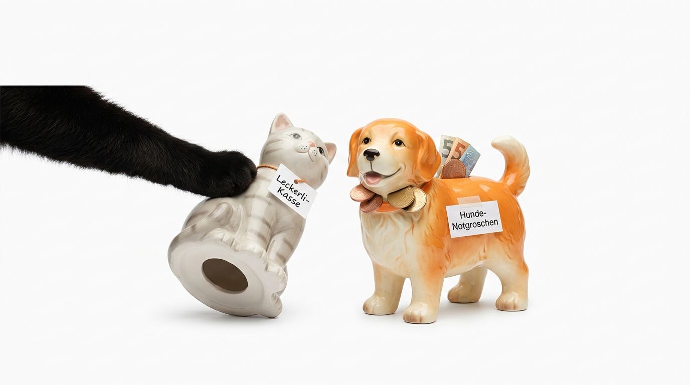 Pfote stößt leere Katzen-Spardose um neben voller Hunde-Spardose auf weißem Grund