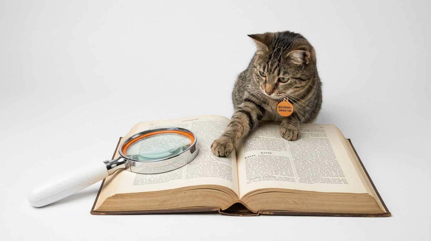 Getigerte Katze mit Anhänger liest aufgeschlagenes Buch, daneben eine Lupe