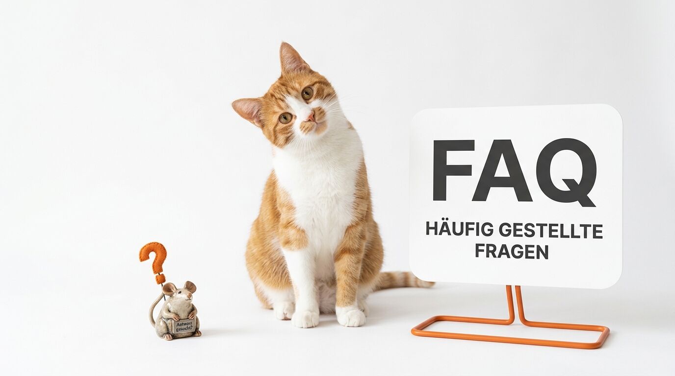 Eine Katze, eine Spielzeugmaus mit Fragezeichen und ein Schild mit 