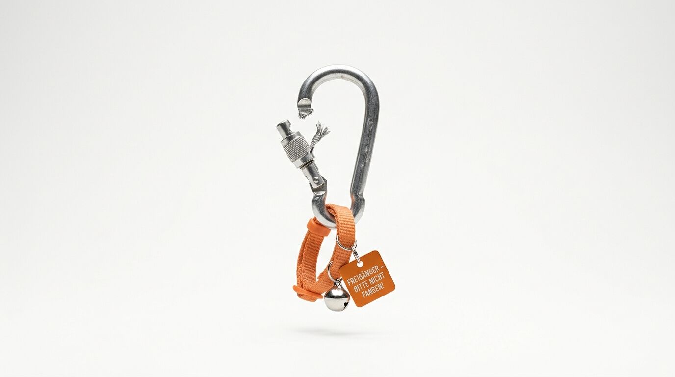 Ein Karabiner mit defektem Drahtschnapper, an dem ein oranger Katzenhalsband-Ring und ein Glöckchen hängen