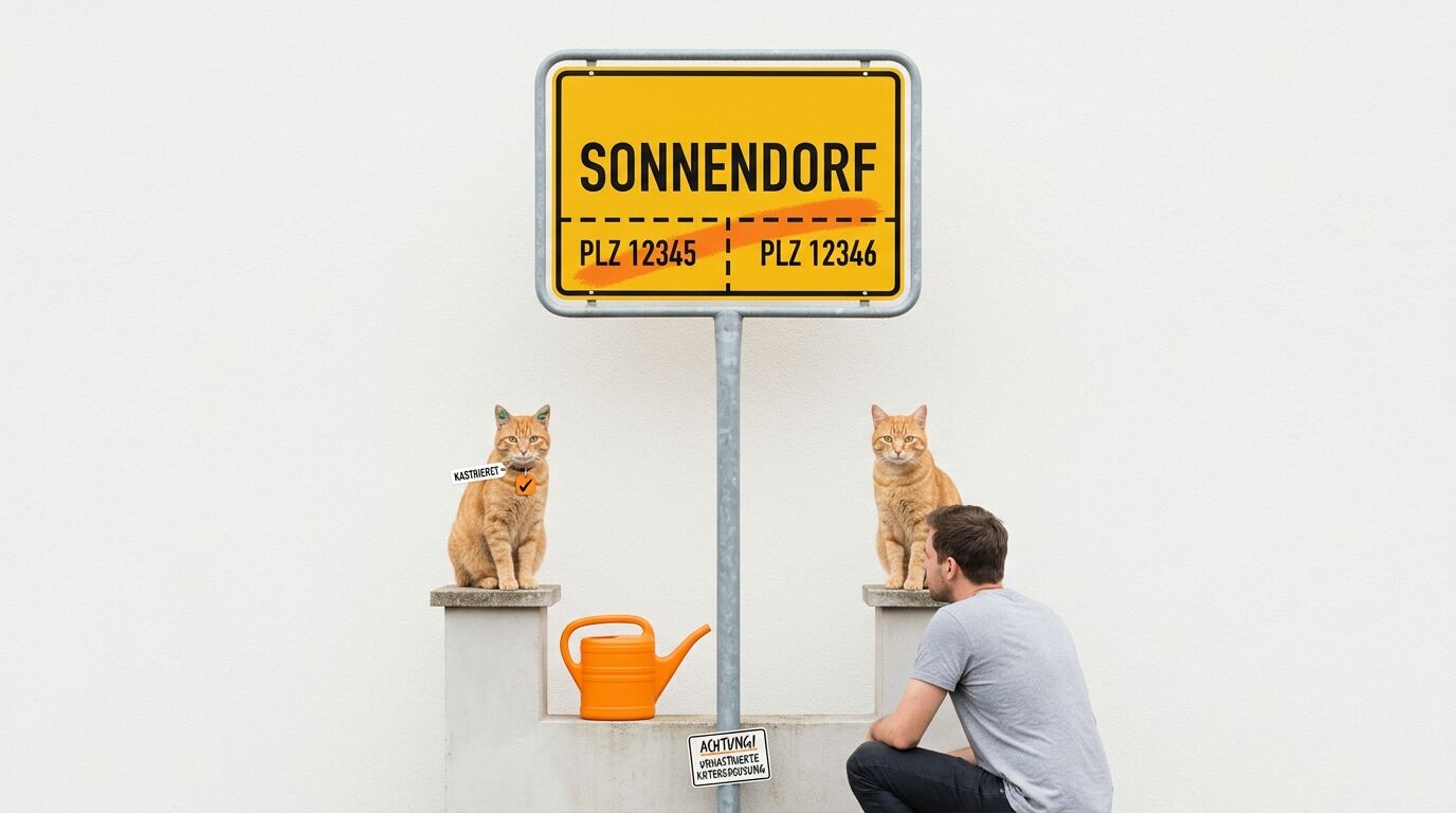 Mann und zwei Katzen posieren vor einem Ortsschild Sonnendorf