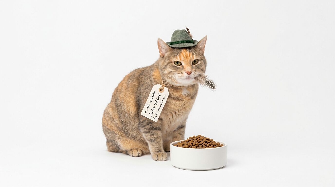 Katze mit Tirolerhut und Preisschild neben Futternapf auf weißem Hintergrund