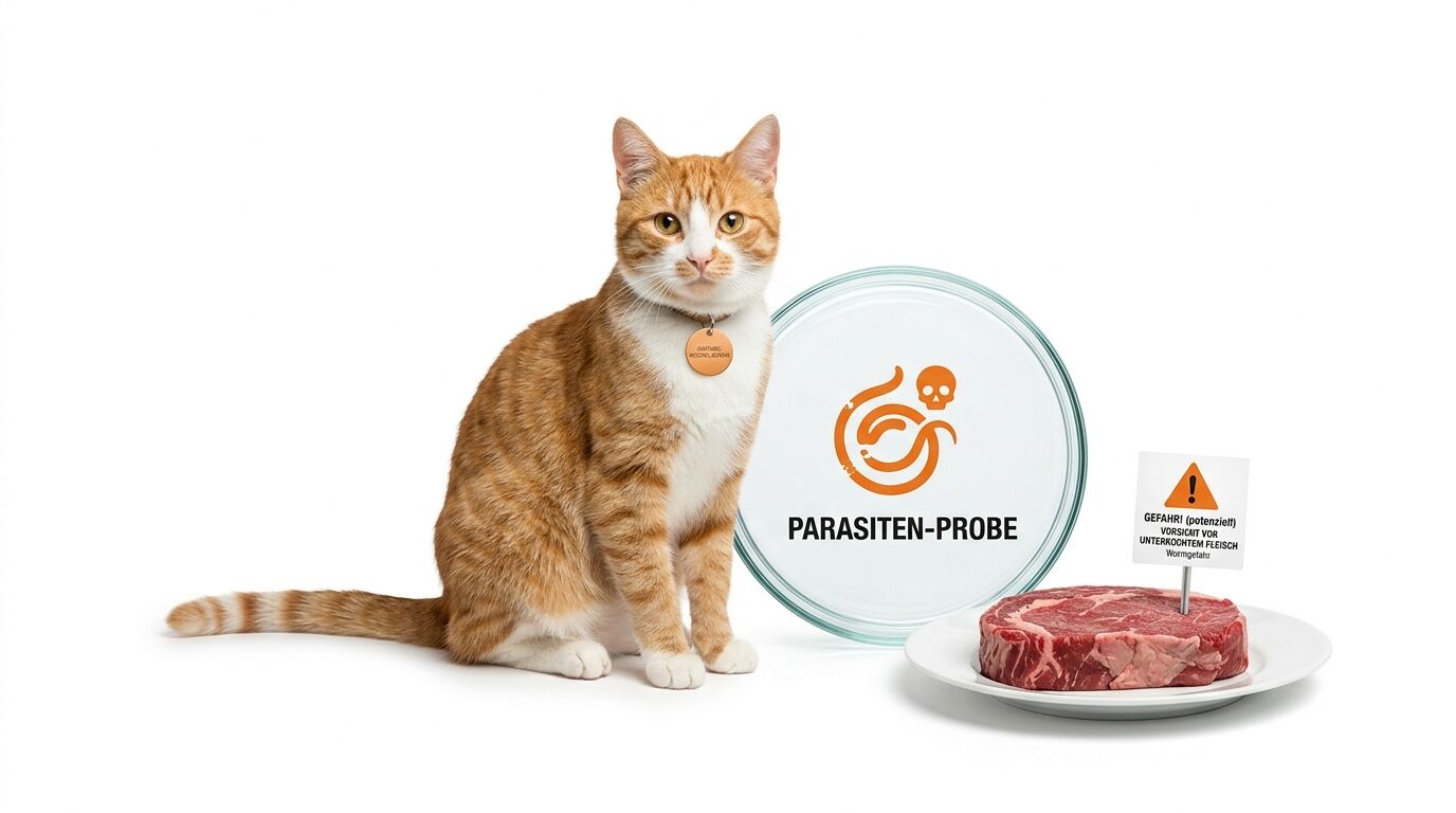 Katze neben Petri-Schale „Parasiten-Probe“ und rohem Steak mit Warnschild