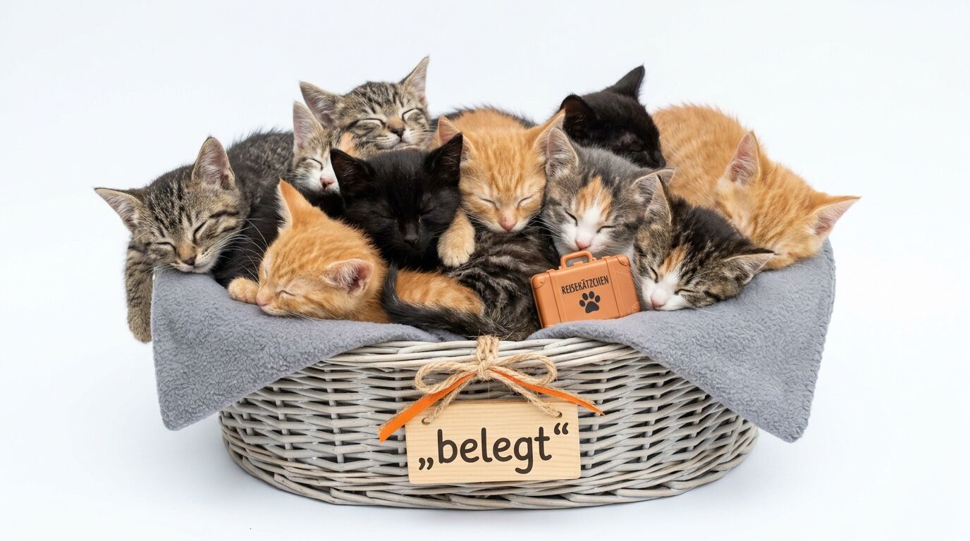 Korb voll schlafender Kätzchen, Köfferchen „REISEKÄTZCHEN“, Schild „„belegt““, weißer Hintergrund