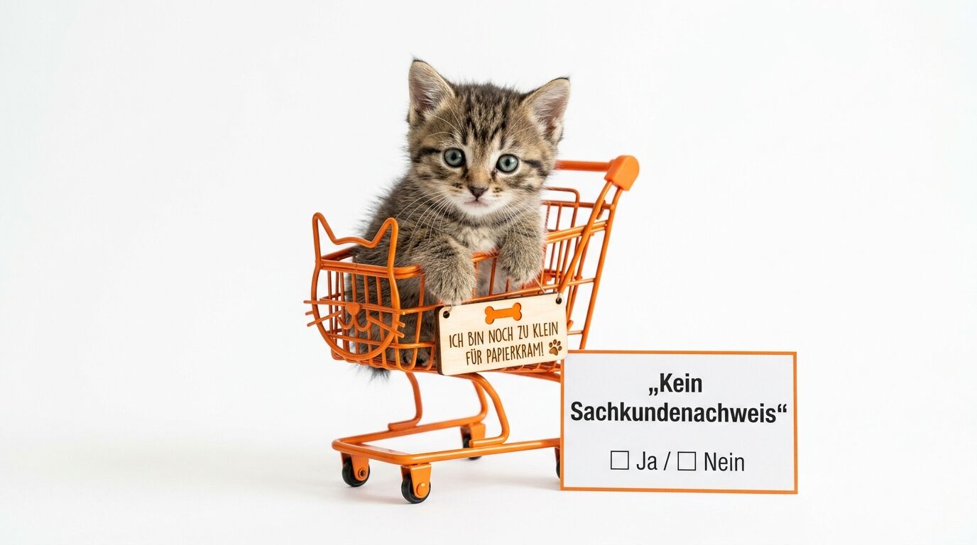 Kätzchen im Einkaufswagen mit Schildern über Sachkundenachweis auf Weiß