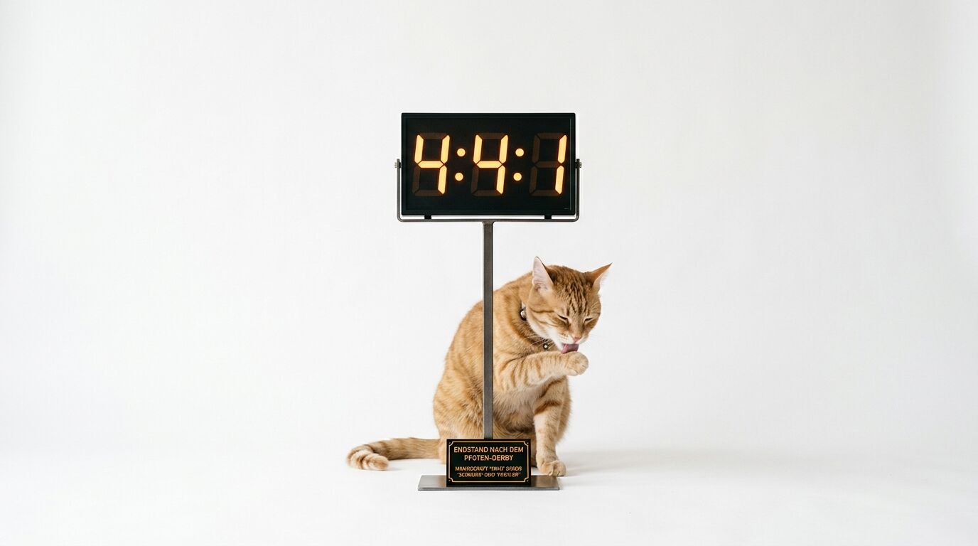 Eine Katze leckt ihre Pfote vor einem Ständer mit LED-Uhrzeitanzeige 4:41 und Plakette