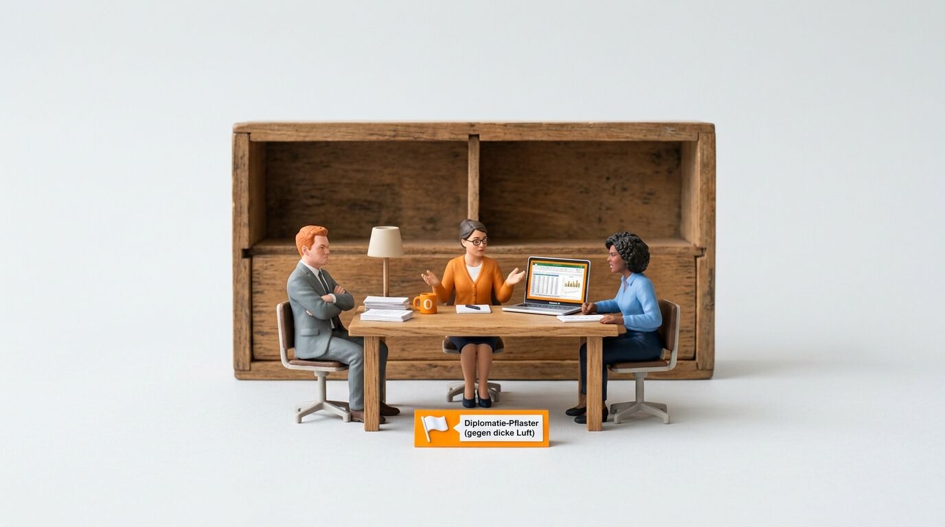 Miniatur-Büro, zwei verärgerte Figuren am Tisch, eine vermittelt, Schild „Diplomatie-Pflaster“