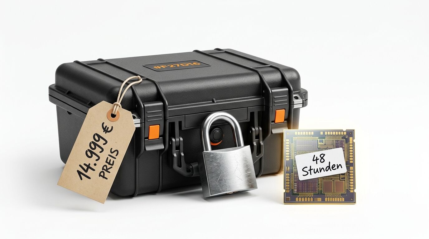 Schwarzer Koffer, Preisanhänger (14.999 €), Schloss, Chip mit Aufschrift „48 Stunden“