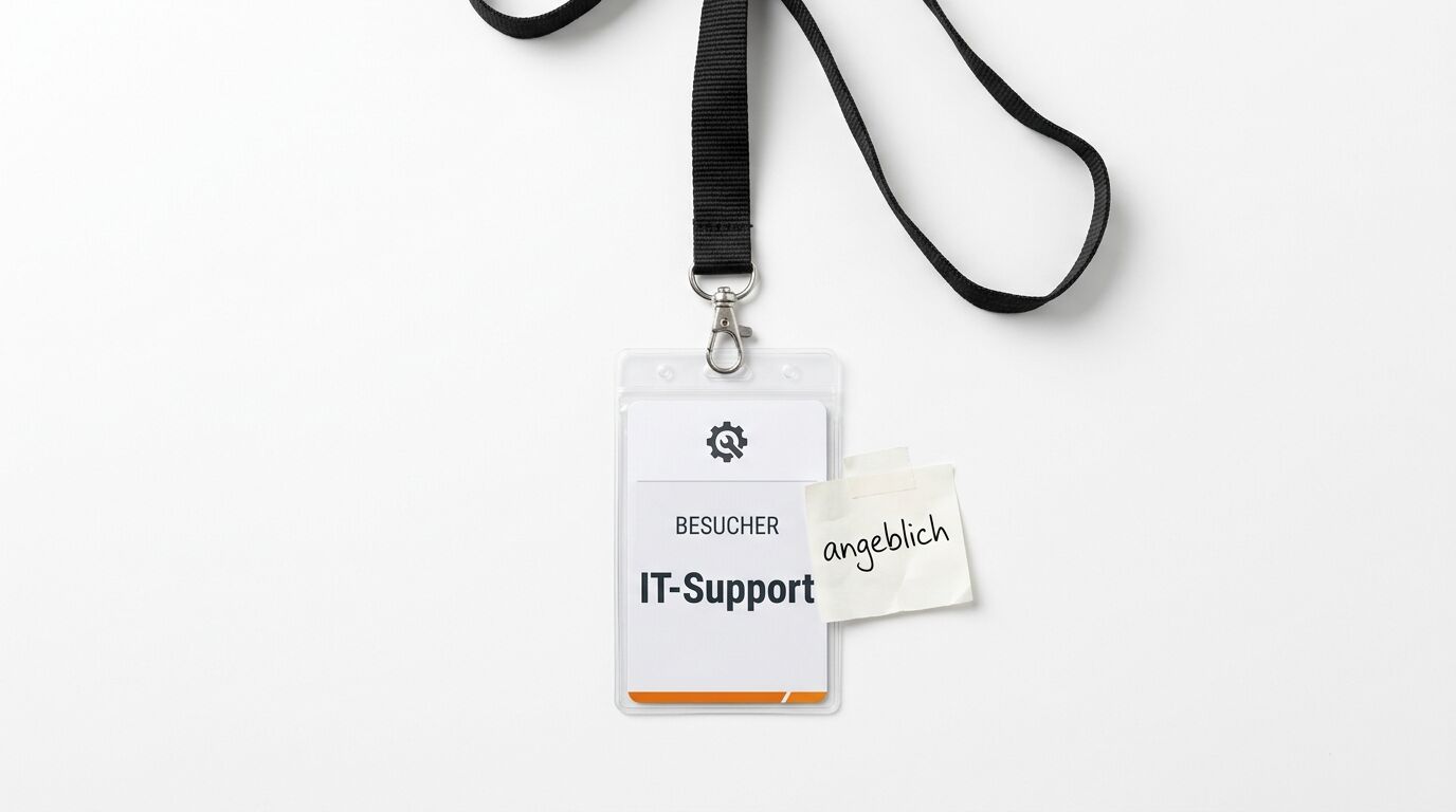 Ausweis IT-Support mit Klebezettel „angeblich“ am Umhängeband