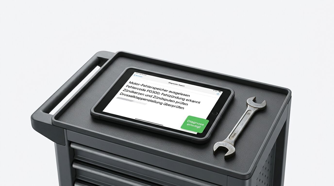 Werkstattwagen mit Tablet, das einen Motor-Fehlercode anzeigt, und ein Gabelschlüssel