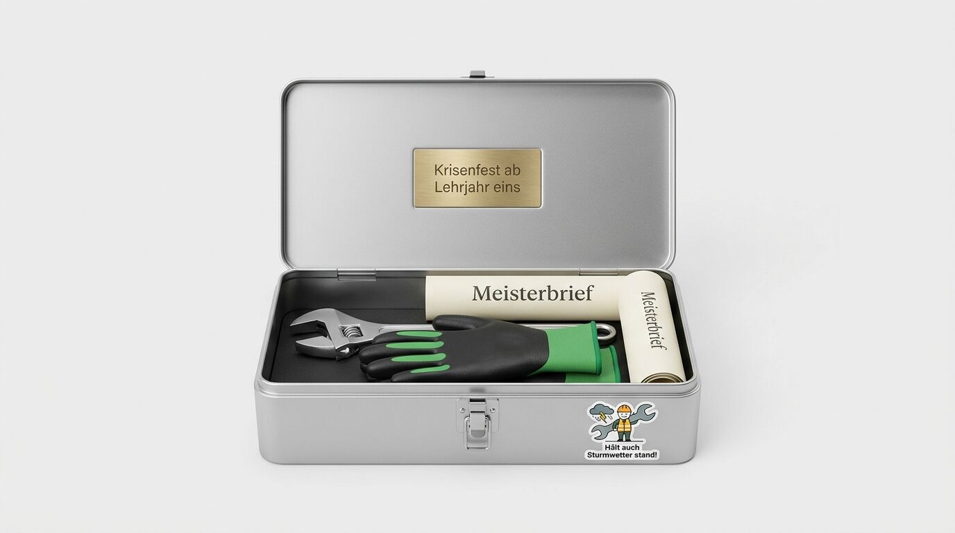 Silberne Metallbox mit Werkzeug und Meisterbrief