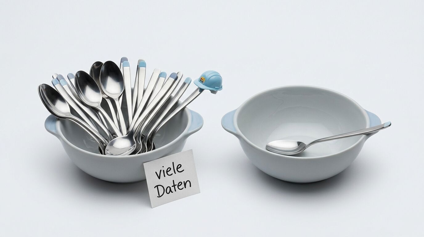 Ein Topf voller Löffel mit Etikett neben einer Schüssel mit einem Löffel