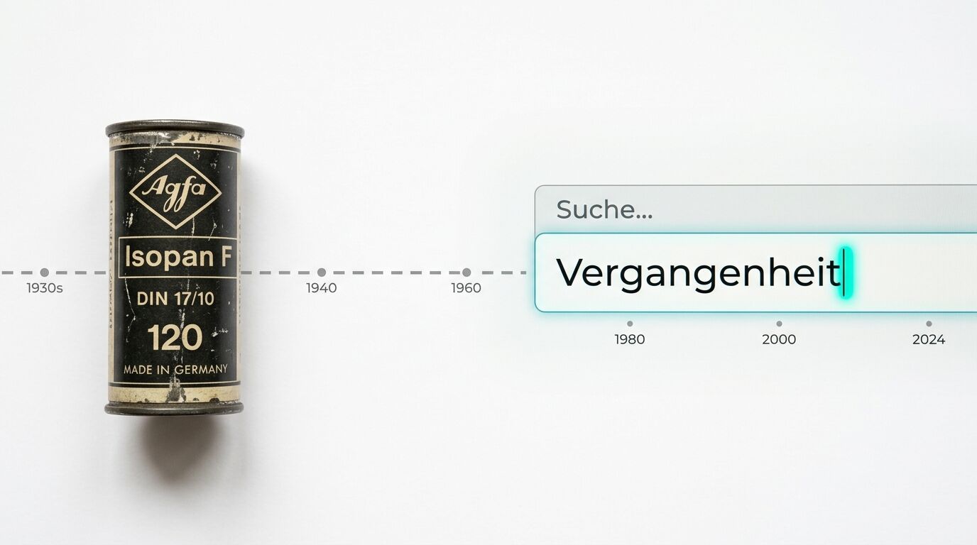 Alte Agfa-Filmdose links neben einem Zeitstrahl mit Suchmaske und Wort