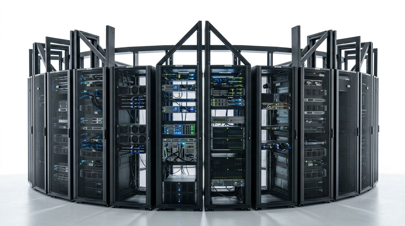 Mehrere schwarze Server-Racks, die in einem Kreis aufgestellt sind