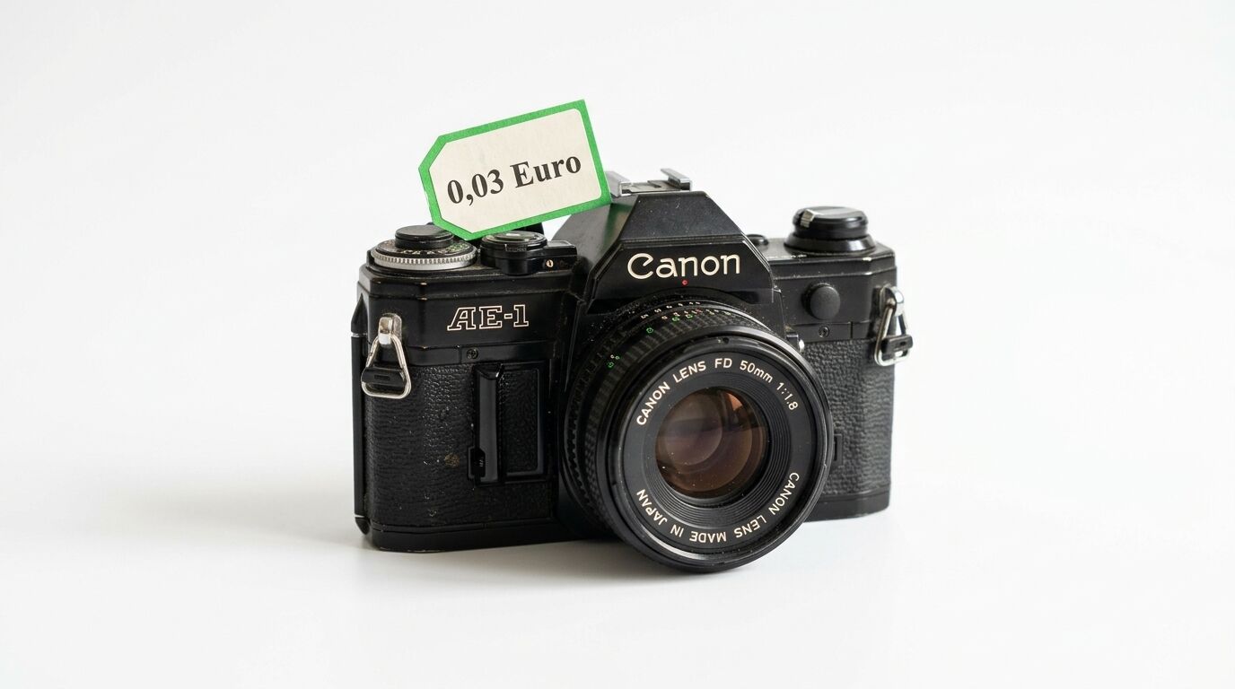 Schwarze Canon AE-1 Kamera mit Objektiv und Preisschild „0,03 Euro“ auf weißem Grund