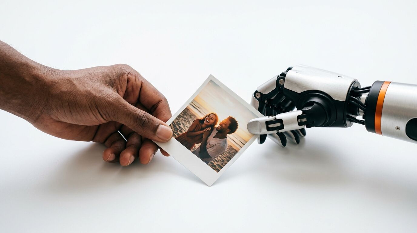 Menschliche Hand hält ein Foto, Robotergreifer berührt es auf weißem Grund