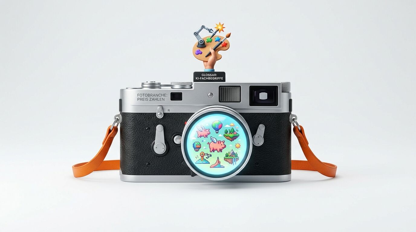 Analoge Kamera mit KI-Grafiken im Objektiv und Künstler-Symbol auf dem Sucher