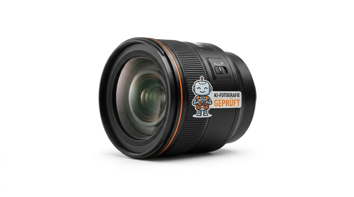 Schwarzes Objektiv mit orangefarbenem Ring und einem KI-Fotografie-Geprüft-Sticker vor weißem Grund