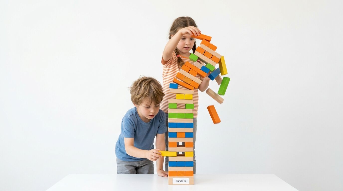 Zwei Kinder spielen ein Jenga-ähnliches Spiel mit bunten Holzklötzen