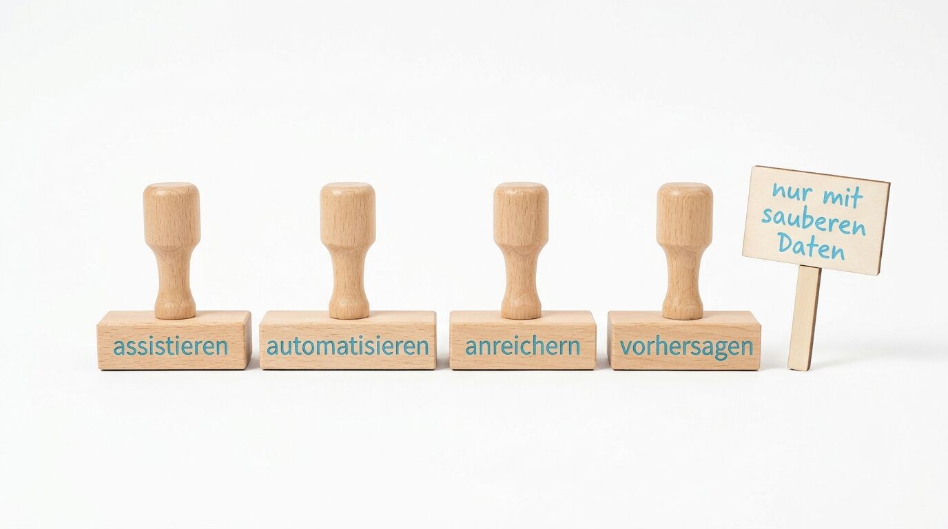 Vier Holzstempel mit Verben, daneben ein Holzschildchen mit der Aufschrift „nur mit sauberen Daten“