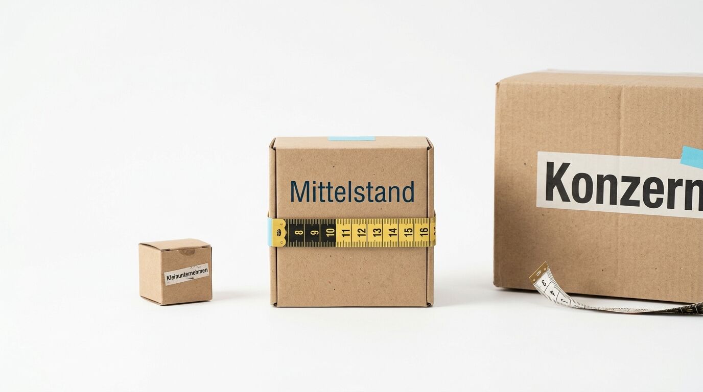 Drei Kartons in verschiedenen Größen auf weißem Grund, beschriftet als Kleinunternehmen, Mittelstand, Konzern