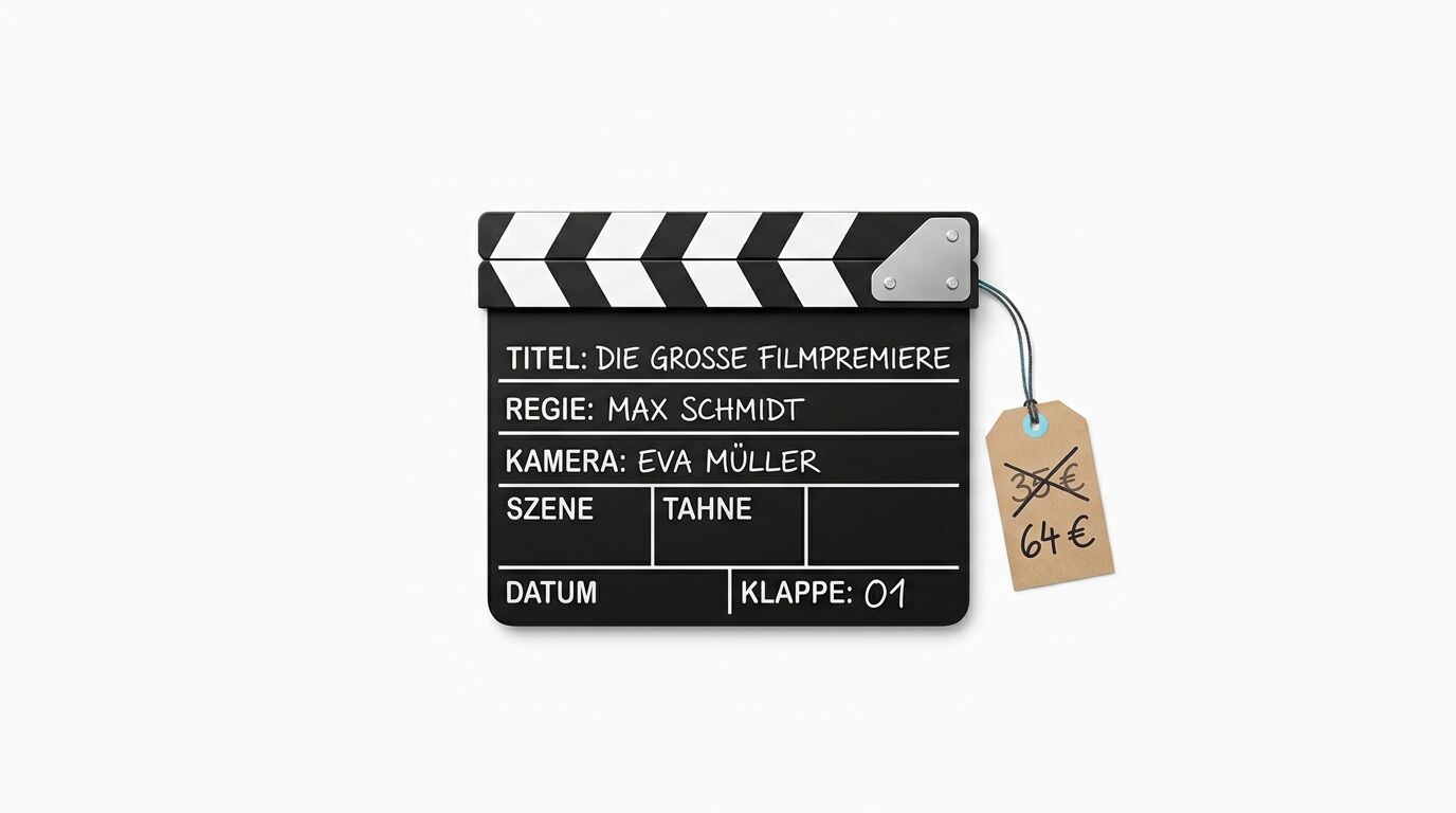 Filmeklappe mit Filmdetails und Preisschild auf weißem Hintergrund