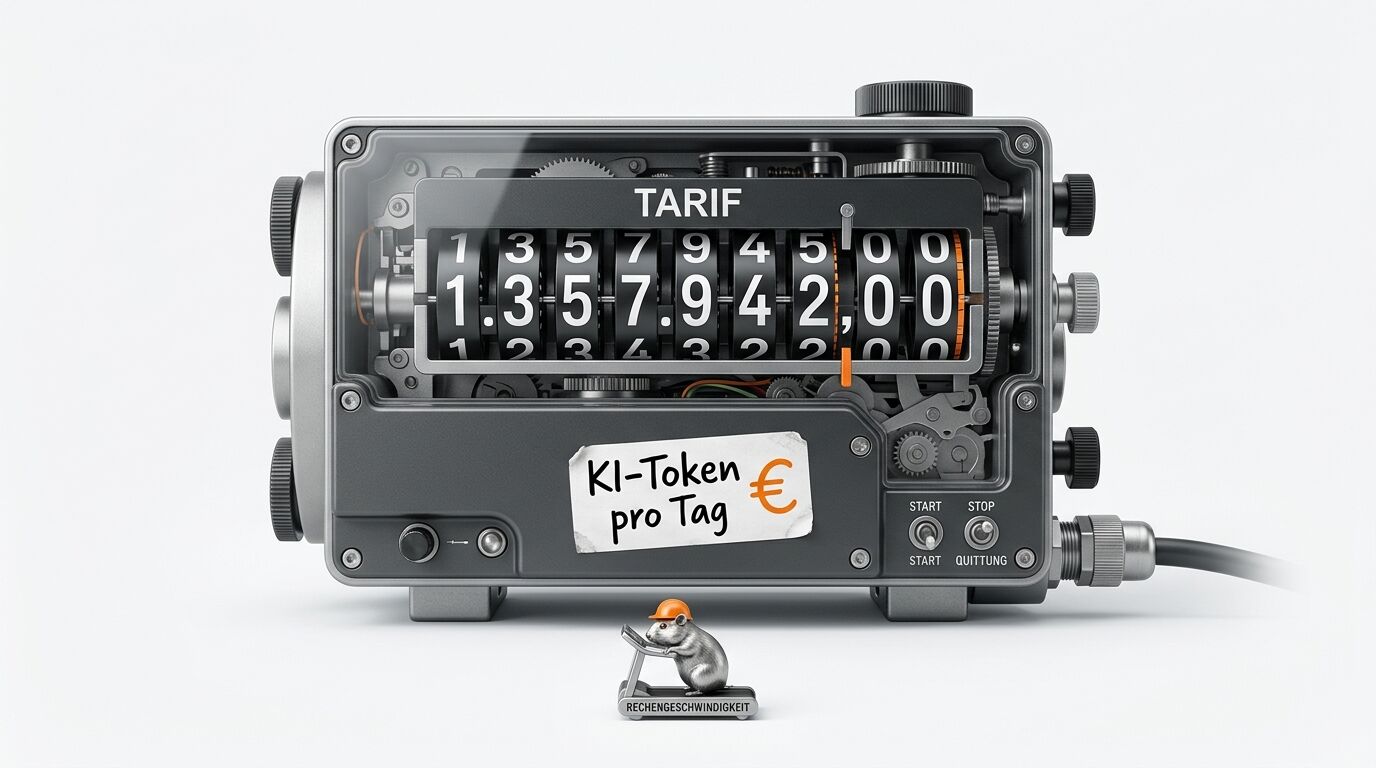 Mechanisches Zählwerk für „KI-Token pro Tag“ mit Maus auf Laufband davor