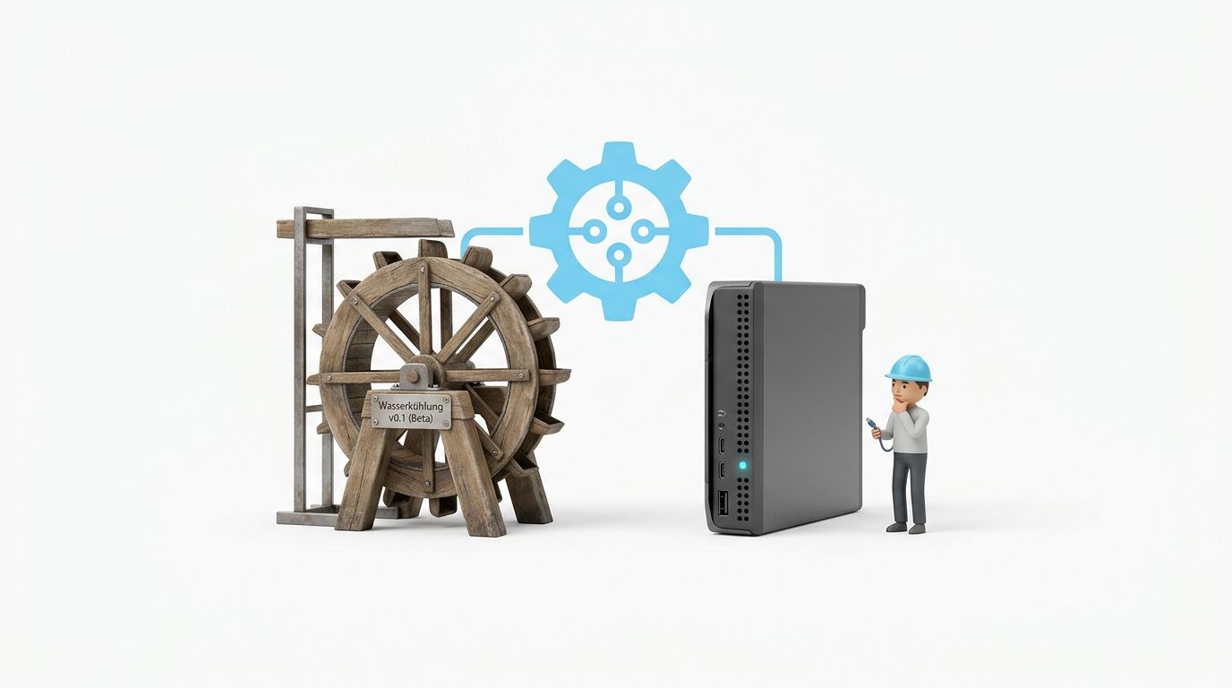 Ein hölzernes Wasserrad ist über ein Zahnradsymbol mit einem Mini-PC verbunden