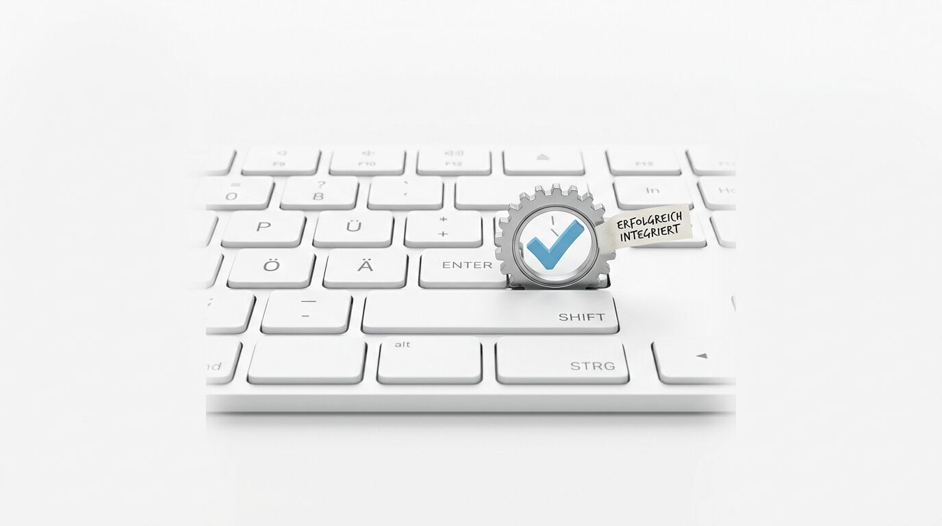 Zahnrad mit Haken und Text „Erfolgreich integriert“ auf Computertastatur