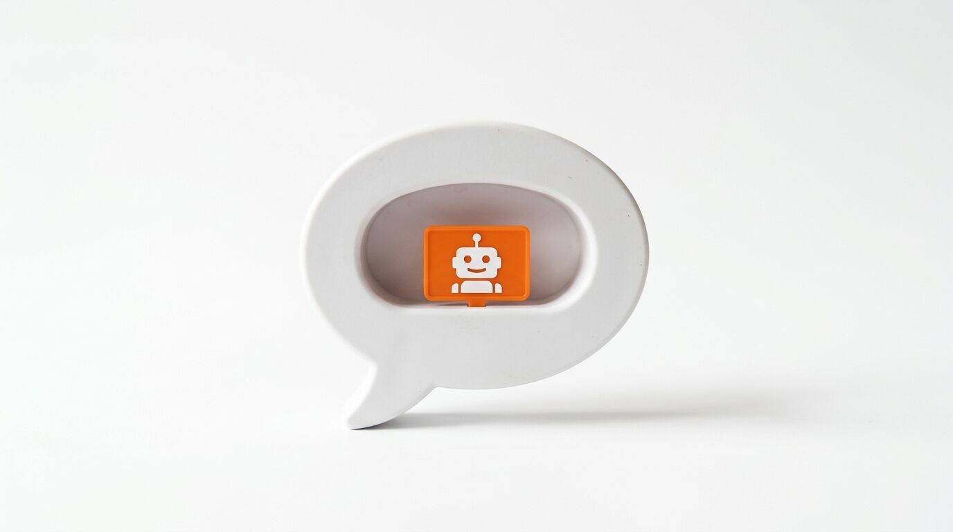 Weiße Sprechblase mit einem orangen Roboter-Icon auf weißem Grund