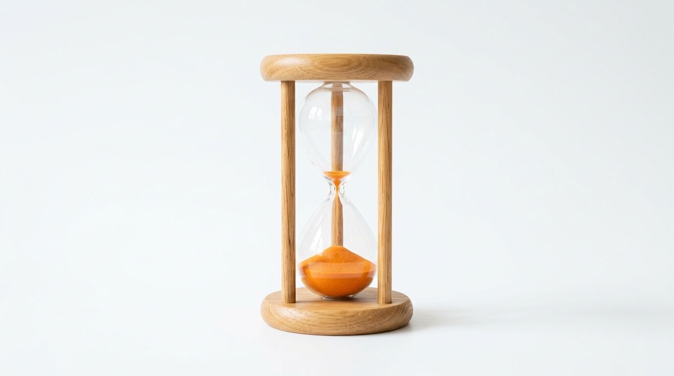 Eine Sanduhr mit hellem Holzgestell und orangefarbenem Sand vor weißem Hintergrund