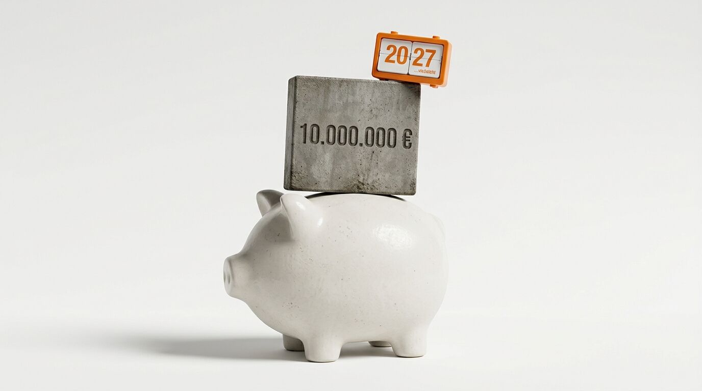 Weißes Sparschwein mit Betonblock „10.000.000 €“ und oranger Klappzahlenuhr „2027“ davor