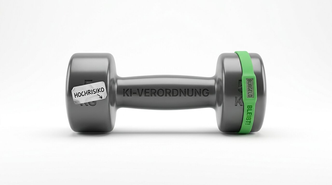 Hantel mit Aufschrift „KI-VERORDNUNG“, Label „HOCHRISIKO“ und grünem Band
