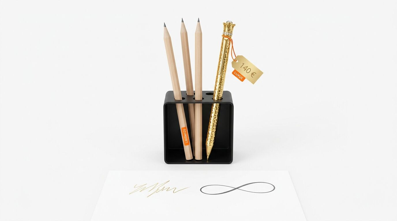 Ein Stifthalter mit drei Bleistiften und einem goldenen Stift, der ein Preisschild trägt