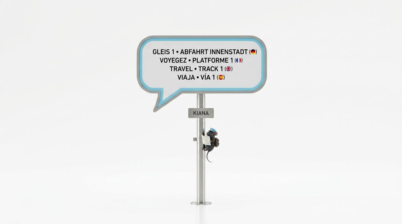 KI-Assistentin Kiana der Deutschen Bahn als sprechblasenförmiges Wegweiserschild mit mehrsprachigen Reisehinweisen