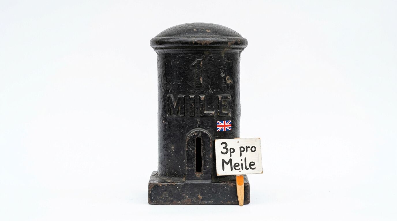 Eine schwarze Säule mit der Aufschrift „1 Mile“, Union Jack und Schild „3p pro Meile“