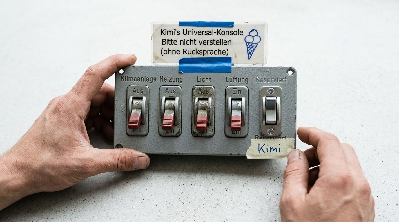 Zwei Hände halten ein Schaltertableau, beschriftet mit „Kimi‘s Universal-Konsole“